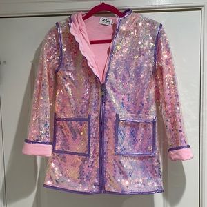 Lola and the Boys brand. Purple and pink girls sequin rain coat. Fully lined